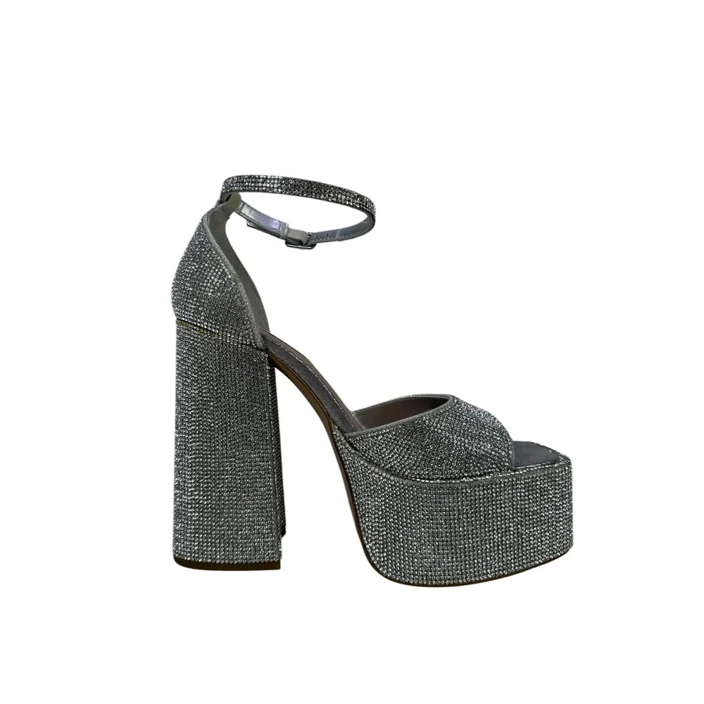 Steve Madden Kassiani Platform Sandals Womens 7‎ M Silver Rhinestone Block Heel